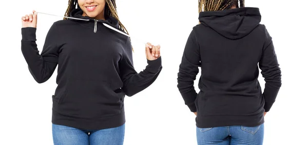 Vista Frontal Trasera Trasera Sudadera Negra Muchacha Afroamericana Muestran Plantilla — Foto de Stock