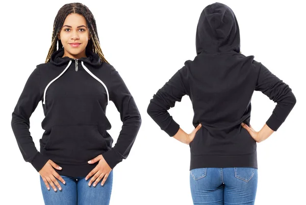 Pullover Noir Avec Manches Capuche Sur Une Jeune Femme Noire — Photo