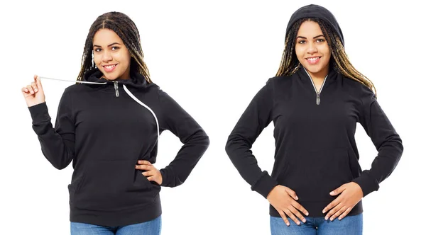 Vrouw Zwarte Hoodie Hoody Set Vooraanzicht Hoody Mockup Geïsoleerd Witte — Stockfoto