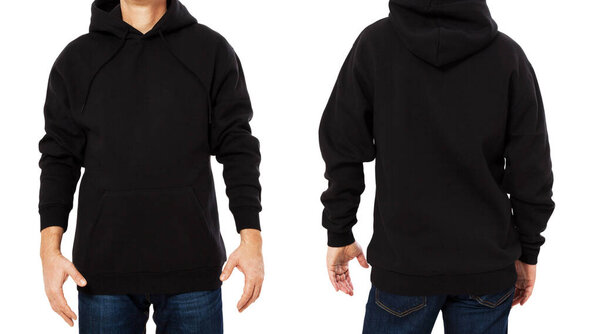 Black male sweatshirt set template isolated. Man sweatshirts set with mockup and copy space. Hoody design. Hoodie front and back view. Closeup