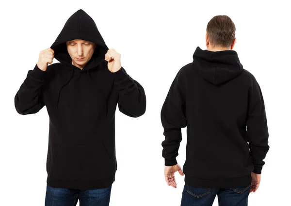 Man Template Mens Zwarte Hoodie Sweater Geïsoleerd Witte Achtergrond Man — Stockfoto