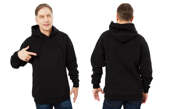 Happy Man Template Mens Zwarte Hoodie Sweater Geïsoleerd Witte Achtergrond — Stockfoto