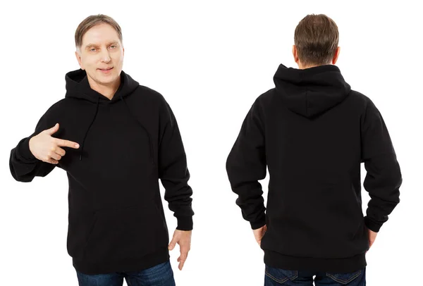 Muž Hoody Set Černý Hoody Přední Zadní Pohled Kapuce Maketa — Stock fotografie