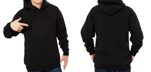 Muž Hoody Set Černý Hoody Přední Zadní Pohled Kapuce Maketa — Stock fotografie