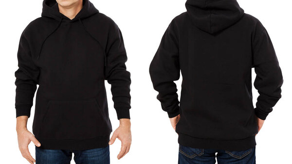 Man hoody set, black hoody front and back view, hood mock up. Empty male hoody copy space. Front and rear background