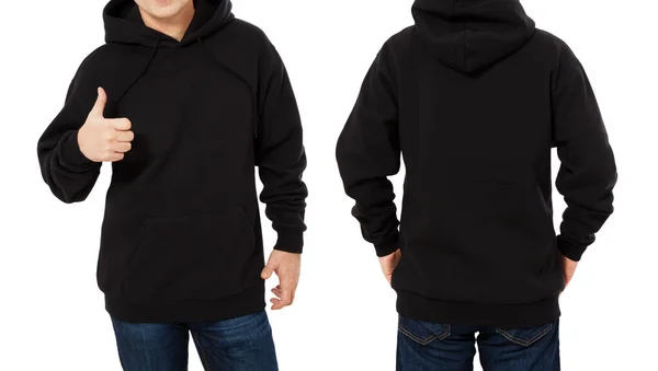 Man Hoody Set Svart Hoody Fram Och Baksida Huva Upp — Stockfoto