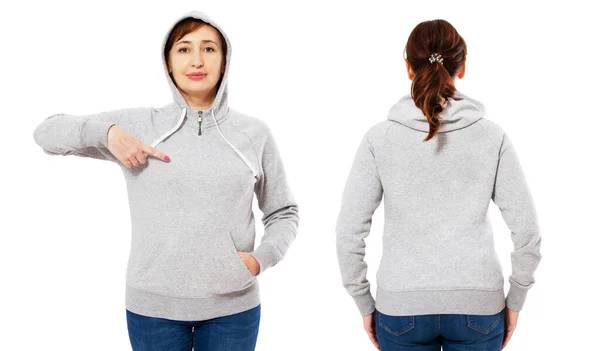 Wijzende Stijlvolle Vrouw Van Middelbare Leeftijd Hoodie Voor Achteraanzicht Witte — Stockfoto