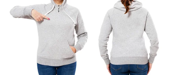 배경에 고립된 스웨터를 코카서스 후드를 여성의 뒷모습 — 스톡 사진