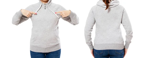 Set Meisje Gericht Lege Grijze Hoodie Mock Geïsoleerd Witte Achtergrond — Stockfoto