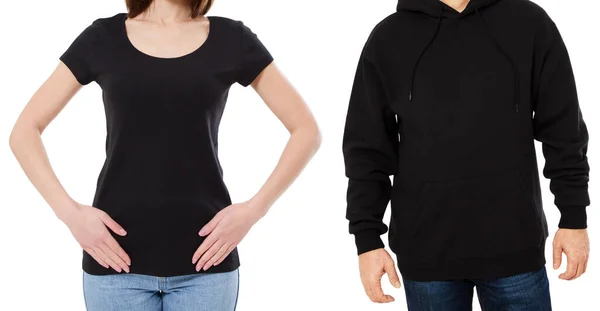 黒のTシャツのモックアップに女性を設定します 男で黒パーカーMokup隔離されたコピースペース — ストック写真