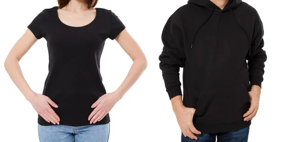 Tシャツとパーカーをセットフロントビューコピースペース 女性でTシャツと男でフード付きスウェットバックコピースペース — ストック写真