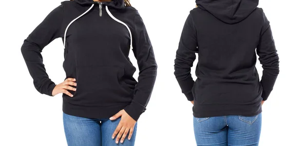 Mulher Capuz Preto Conjunto Isolado Fundo Branco Hoodie Mock — Fotografia de Stock