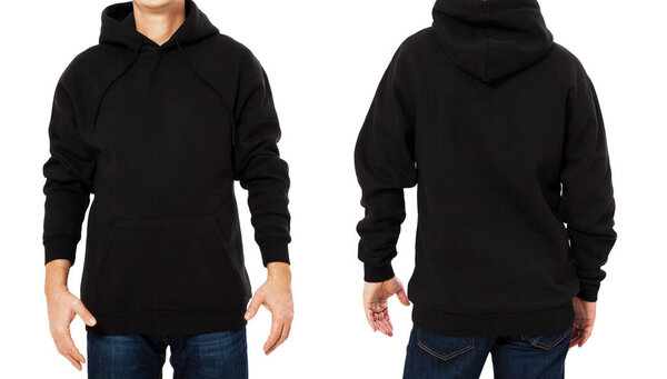 Hoodie set mock up - front and back view, black hoodie isolated