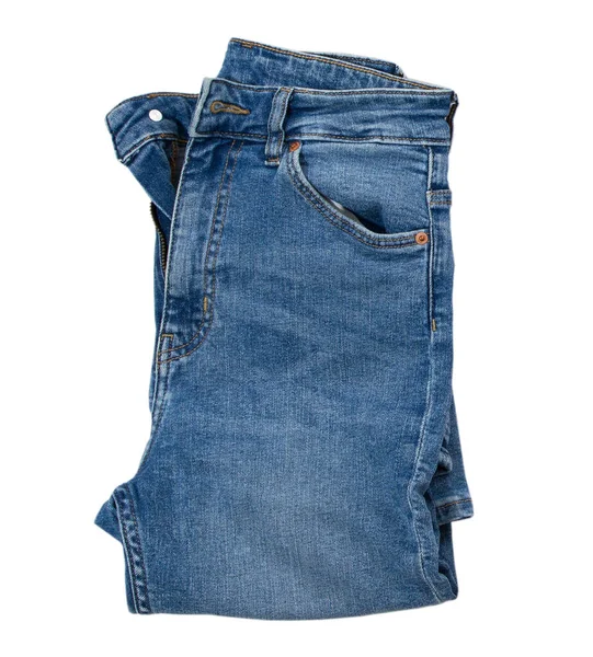 Denim Isolierte Draufsicht Blaue Jeans Isoliert Auf Weiß Blaue Jeanshose — Stockfoto
