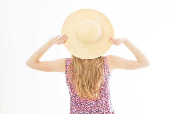 Summer woman in dress with hat, back view, vacation, isolated, space for text, white background, copy space