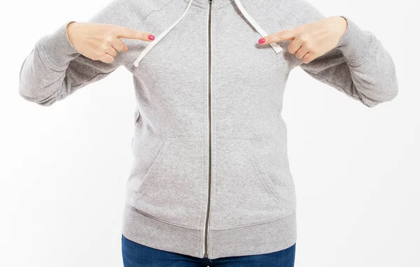 Femme Sweat Shirt Gris Pointant Avec Deux Mains Fille Pull Images De Stock Libres De Droits