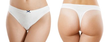 Mükemmel kadın vücudu, önden ve arkadan görünüşü seksi kadın iç çamaşırları izolasyonu taklit ediyor.