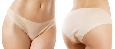 Kadın iç çamaşırlarını öne ve arkaya yerleştirin, seksi kadın vücudunu yakın tutun, iç çamaşırları arka tarafta, fitness sporu yapan kadınlar, iç çamaşırı üreticileri.