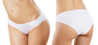 Kadın iç çamaşırlarını öne ve arkaya yerleştirin, seksi kadın vücudunu yakın tutun, iç çamaşırları arka tarafta, fitness sporu yapan kadınlar, iç çamaşırı üreticileri.