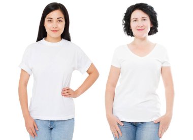 Genç Asyalı kadın tişörtü orta yaşlı kadın tişörtü, beyaz arka planda izole edilmiş boş tişörtlü Koreli kız. Öndeki kız tişört kopyalama alanı