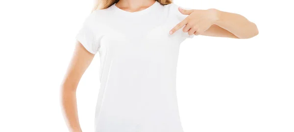 Shirt Maquette Fille Pointée Sur Shirt Blanc Vide — Photo