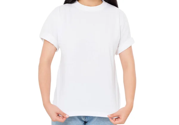 白いTシャツの少女白いTシャツの上に隔離された — ストック写真