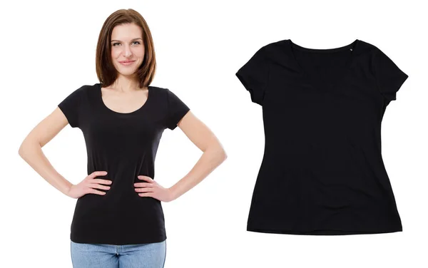 Černá Košile Samice Izolované Prázdné Tričko Zblízka Tričko Set — Stock fotografie