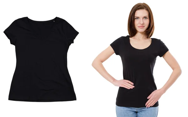 Zwart Leeg Shirt Meisje Leeg Shirt Close Geïsoleerd Witte Kopieerruimte — Stockfoto