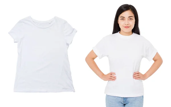 若いですアジアの女の子でAホワイトTシャツと個別に白いTシャツ閉じる 白いTシャツコピースペースMokup — ストック写真