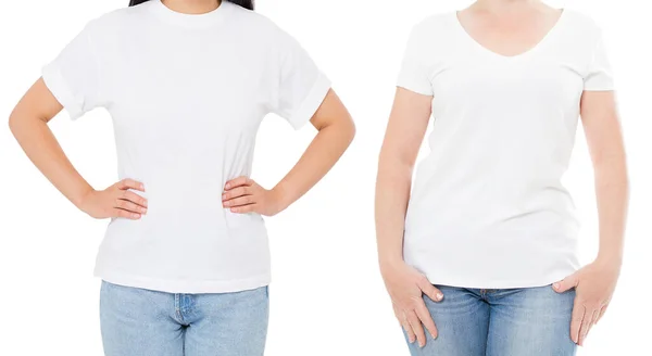 女白色T恤造型 空置空白T恤 女孩在空白T恤复制空间 白色T恤孤立在白色背景拼贴或设置 — 图库照片