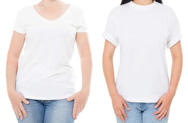 女性の白いTシャツのモックアップ 空の空白のTシャツを設定 空白のTシャツのコピースペースの女の子 白い背景のコラージュやセットに隔離された白いTシャツ — ストック写真