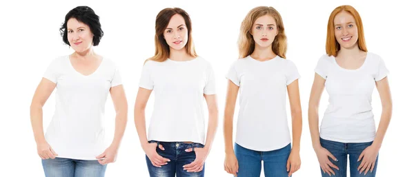 Donne Shirt Bianche Vuote Fingono Isolato Sfondo Bianco Molte Ragazze Foto Stock Royalty Free