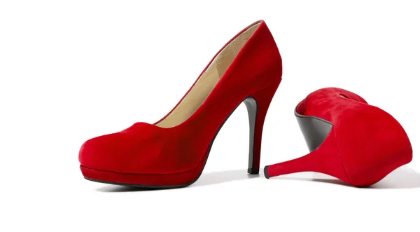 赤い女性のファッション高ヒールの靴は白の背景に隔離 閉鎖女性明るい夏の履物 ショッピングとファッションのコンセプト グラマーと高級レディースアクセサリー バナーだ 選択的焦点 — ストック写真