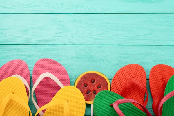 Flip Flops Doces Melancia Férias Praia Acessórios Verão Espaço Cópia — Fotografia de Stock