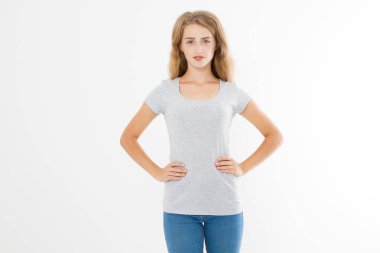 Young blonde woman with fit slim body in blank template t shirt and jeans isolated on white background. Skin and hair care. Copy space and mock up