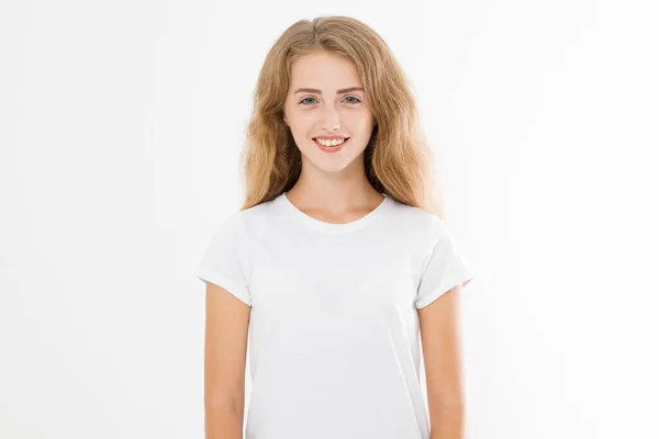 Young Caucasian Blonde Girl Isolated White Background Copy Space Mock — Stock Photo, Image