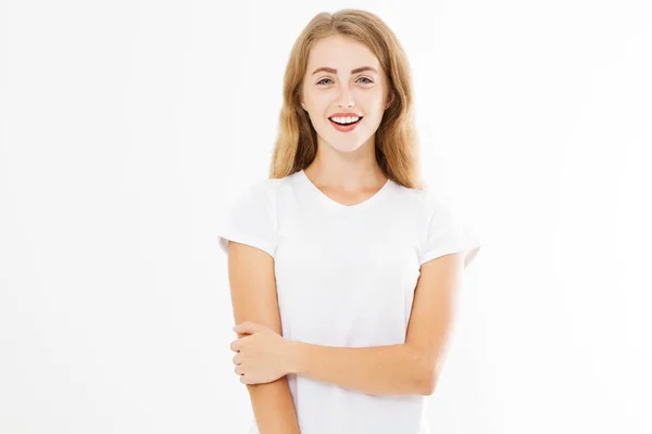 Χαρούμενη Γυναίκα Χαμογελαστό Κορίτσι Λευκό Πρότυπο Καλοκαιρινό Πουκάμισο Απομονωμένο Αντιγραφή — Φωτογραφία Αρχείου