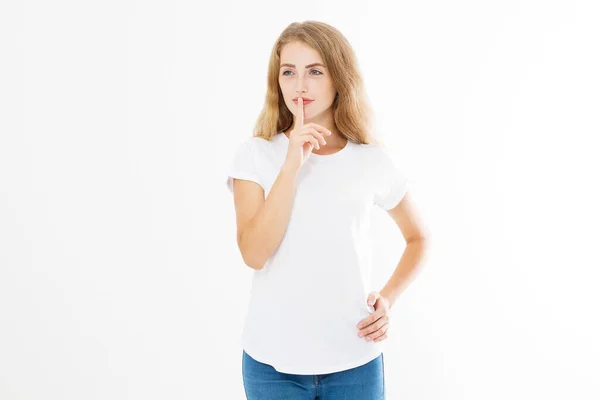 Sinal Shhh Jovem Mostrando Shh Gesto Para Manter Silêncio Menina — Fotografia de Stock