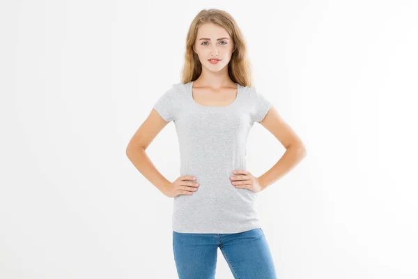 Young Blonde Woman Fit Slim Body Blank Template Shirt Jeans — ストック写真