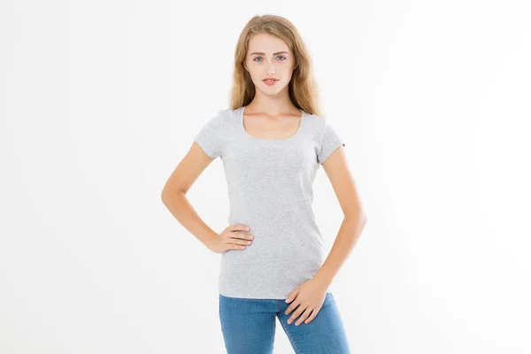 Young Blonde Woman Fit Slim Body Blank Template Shirt Jeans — Stockfoto
