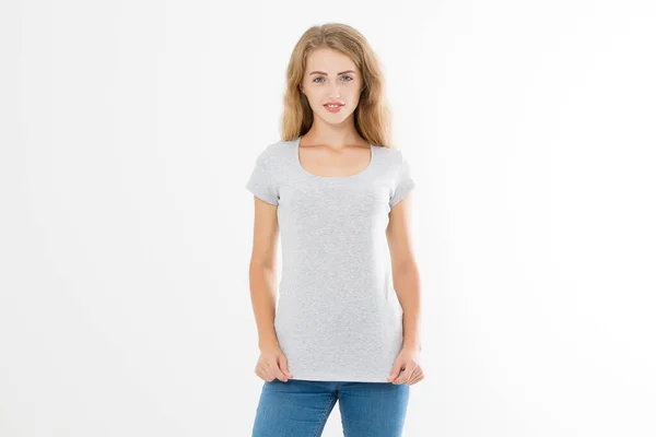 Young Blonde Woman Fit Slim Body Blank Template Shirt Jeans — 스톡 사진