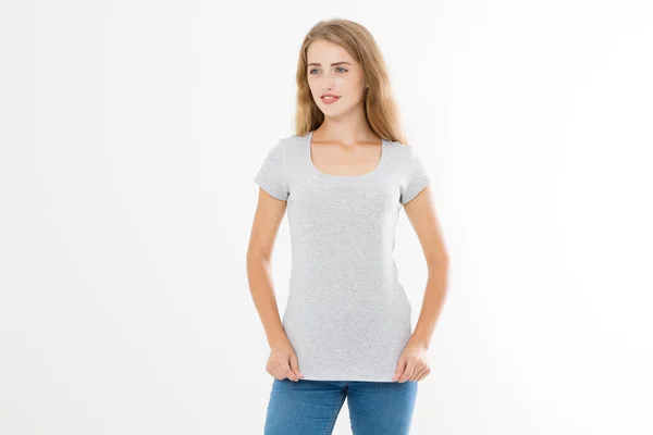 Young Blonde Woman Fit Slim Body Blank Template Shirt Jeans — Zdjęcie stockowe