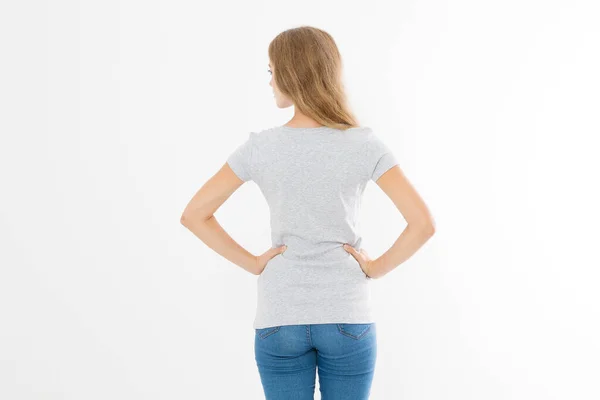 Donna Modello Shirt Bianca Isolata Sfondo Bianco Vista Posteriore Scherza — Foto Stock