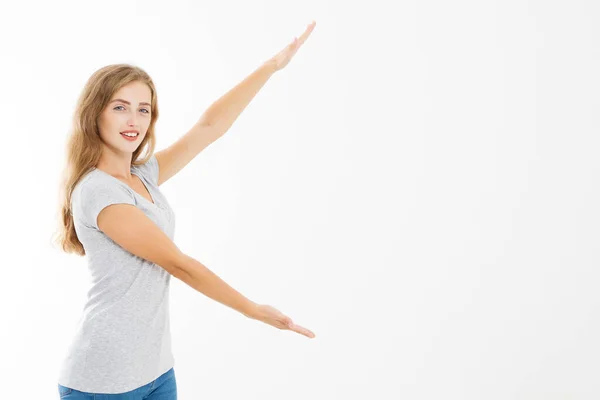 Portrait Smiling Young Blonde Caucasian Woman Wearing Summer Shirt Pointing — Stock Photo, Image