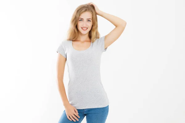 Young Blonde Woman Fit Slim Body Blank Template Shirt Jeans — Foto Stock