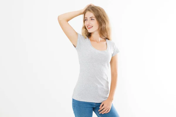 Young Blonde Woman Fit Slim Body Blank Template Shirt Jeans — Foto Stock