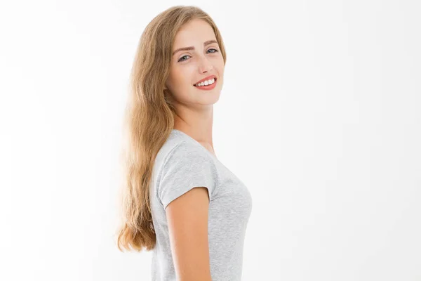Young Caucasian Blonde Girl Isolated White Background Copy Space Mock — Stock Photo, Image