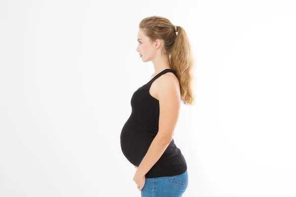 Profile Portrait Blonde Caucasian Woman Pregnant Belly Isolated White Background — Stock Photo, Image