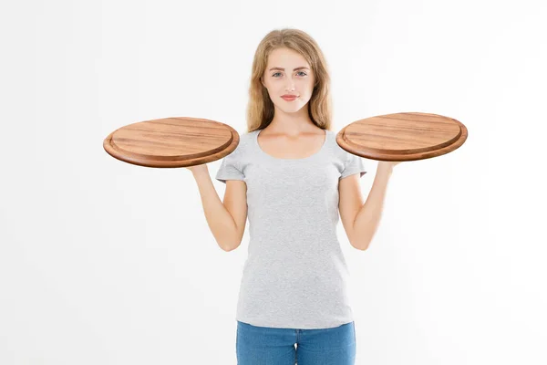 Wooden Pan Young Woman Summer Blank Tshirt Holding Empty Pizza — Stock Photo, Image