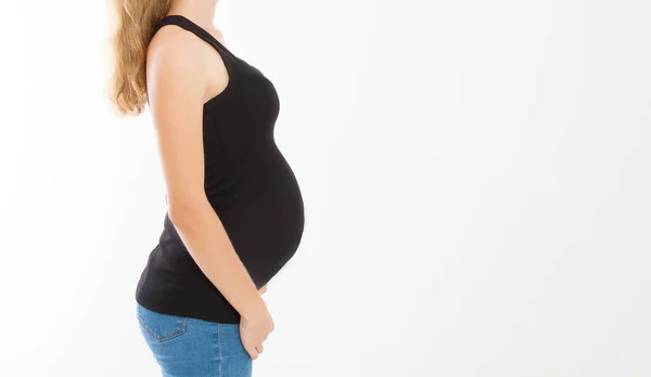 Profile Portrait Blonde Caucasian Woman Pregnant Belly Isolated White Background — Fotografia de Stock